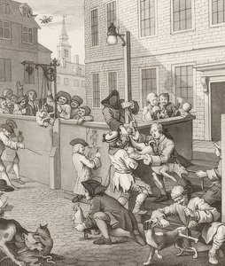 Det första steget av grymhet. Från: Grymhetens fyra stadier / Grymhetens fyra stadier. 1751 av William Hogarth