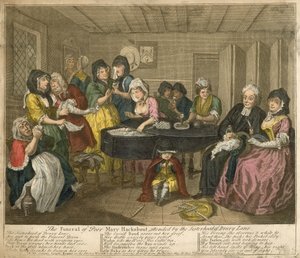 Begravningen av den stackars Mary Hackabout, med deltagande av systerskapet på Drury Lane. av William Hogarth