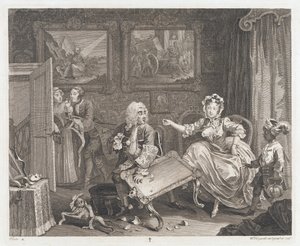 Skökan hittar en beskyddare, designad 1732, tryckt 1744 (Etsning och gravyr) av William Hogarth