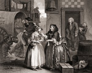 The Harlots Progress insnärjd av en anskaffning, från The Works of Hogarth publicerad London 1833 (bw gravyr) av William Hogarth