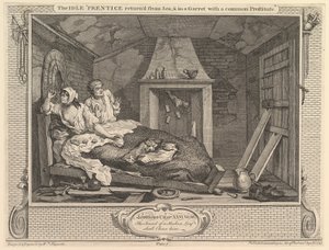 The Idle Prentice återvände från havet och i en garret med en vanlig prostituerad..., 30 september 1747. av William Hogarth