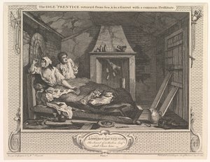 The Idle Prentice återvände från havet och i en garret med en vanlig prostituerad..., 30 december 1747. av William Hogarth