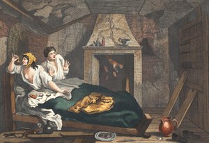 Den sysslolösa "Prentice Returned from Sea, and in a Garret with a common Prostitute", tavla VII i "Industry and Idleness, illustration från "Hogarth Restored: Den berömda William Hogarths hela verk: "The Whole Works of the celebrated William Hogarth". av William Hogarth