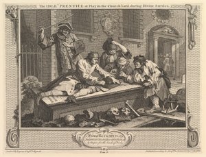 The Idle Prentice at Play in the Churchyard: Industry and Idleness, skylt 3, 30 september 1747. av William Hogarth