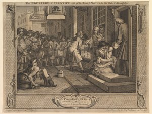 Den flitige lärlingen har avslutat sin lärotid och gift sig med sin mästares dotter: Flit och lättja, plansch 6 av William Hogarth