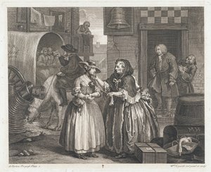Den oskyldiga flickan blir en sköka, formgiven 1732, tryckt 1744 (Etsning och gravyr) av William Hogarth