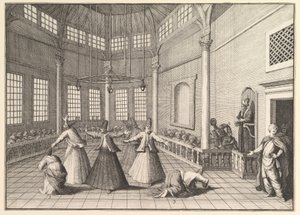 Insidan av en moské reser dervischerna som dansar Aubry de La Mottrayes genom..., 1723-24. av William Hogarth