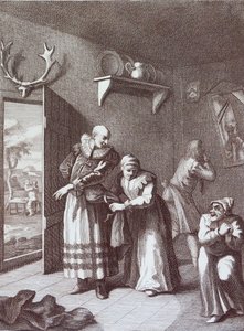 Kuraten och frisören klär ut sig för att ta Don Quijote av William Hogarth