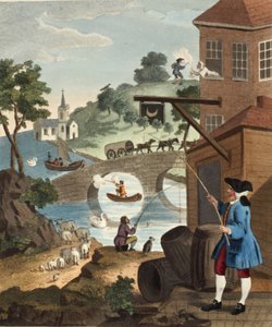 Vikten av att känna till perspektiv, illustration från "Hogarth Restored: The Whole Works of the hyllade William Hogarth, re-graved by Thomas Cook", pub. 1812 (handfärgad gravyr)