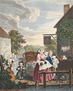 Tider på dygnet, kväll, illustration från "Hogarth Restored: The Whole Works of the hyllade William Hogarth, omgraverad av Thomas Cook", pub. 1812 (handfärgad gravyr) av William Hogarth