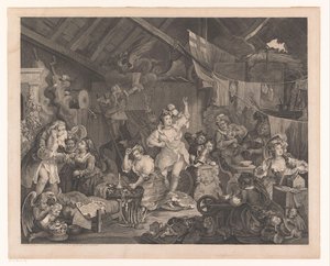 Utklädda skådespelerskor och barn i en lada Promenerande skådespelerskor som klär sig i en lada av William Hogarth