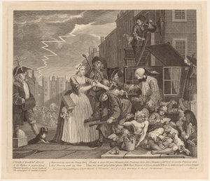 Arresterad för skulder, blad 4 ur serien "En rumlares liv" av William Hogarth