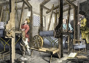 Verkstad och arbetare med vävmaterial i Spitalfields, England av William Hogarth