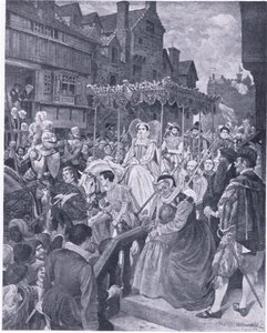 Drottning Marys delstatsinträde i Edinburgh 1561, från Cassells History of the British People publicerad av Waverley Book Company, ca 1950-talet (litho)