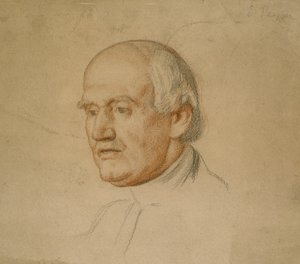 Porträtt av Dr Bloxham (svart och röd krita på brunt kort)