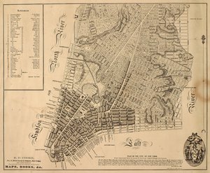 Plan över staden New York [så långt norrut som East 31st Street], 1817 (svart bläck på papper, med tyg på baksidan) av William Hooker
