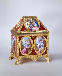 George III kista innehållande en kantklocka på samma sätt som James Cox, ca 1770 (förgylld metall, emalj & verre-eglomise) (se även 741846) av William Hopkins Craft