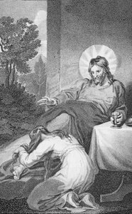 Maria smörjer Frälsarens fötter, från "The History and Life of Our Blessed Lord and Saviour Jesus Christ", av pastor J. Milner, utgiven av B. Crosby, 1808.