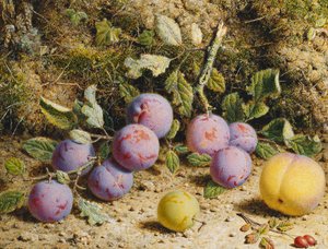 Stilleben med plommon, en persika och nypon, av William Hough