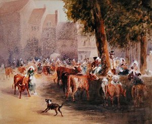 Tidig morgon i byns boskapsmarknad (akvarell på papper) av William Hunt