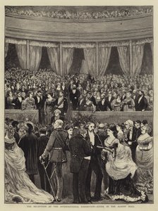 Mottagningen på den internationella utställningen, scen i Albert Hall gravyr