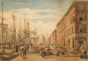 Utsikt över South Street, från Maiden Lane, New York City, ca. 1827.