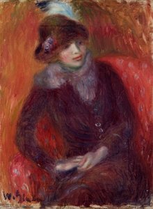 Sittande kvinna med pälshals och röd bakgrund av William James Glackens