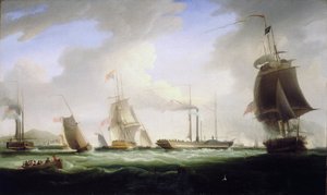 Kung Georg IV av England (1762-1830) gick ombord på "Lightning", postväsendets första ångbåt, på väg till Dublin (Irland), 12 augusti av William John Huggins