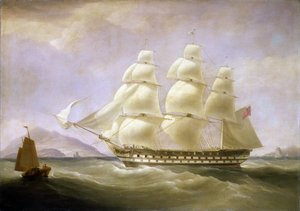 Indiamanbåten "Triton" utanför Kinas kust, med en liten lokal båt i bakgrunden. Olja på duk av William John Huggins