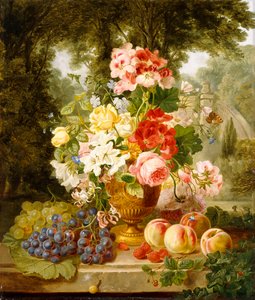 En vas med sommarblommor och frukt på en avsats i ett landskap, 1867