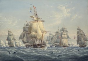 En brittisk skvadron under full segel med tumlare