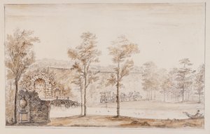 Chiswick, design för en rustik kaskad och bro mot terrassen (penna & bläck och skölj över penna på papper) av William Kent