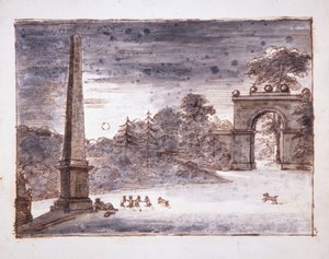 Chiswick, Burlington Lane Gate och obelisken i månskenet med Kent som sitter vid obelisken och drömmer, och med kaniner på spel, ca 1732 (penna & bläck och tvätt på papper)