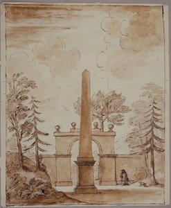 Chiswick, utsikt över Burlington Lane Gate, obelisken i förgrunden och Kent med hund (penna & bläck och tvätt på papper) av William Kent