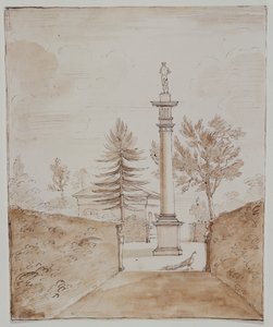 Chiswick, utsikt över den doriska kolumnen med Venus de Medici-statyn och en glimt av sidan av hjorthuset (penna och bläck på papper)