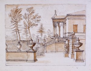 Chiswick, utsikt över villan på Inigo Jones-statyns sida (penna & bläck och skölj över penna på papper) av William Kent
