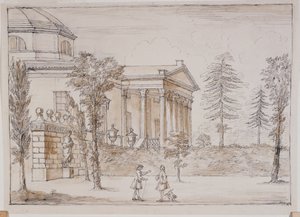 Chiswick, utsikt över villan från Palladio-statyns sida (penna & bläck och skölj över penna på papper) av William Kent
