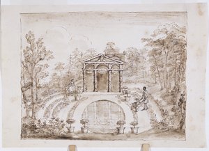 Blommigt tempel och rund pool