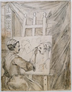 Lady Burlington vid sitt staffli i sitt trädgårdsrum (penna & bläck och penna på papper) av William Kent