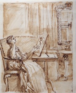 Lady Burlington sitter i sitt trädgårdsrum och beundrar en gammal mästare (?) teckning (penna och bläck på papper)