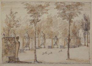Utsikt in i Exedra vid Chiswick (penna & bläck med brun tvätt på papper)