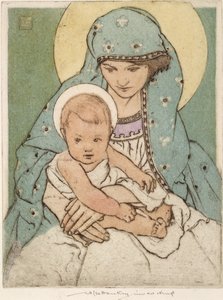 Jungfru Maria med Kristusbarnet (handfärgad torrnål) av William Lee Hankey