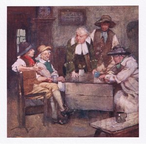 Där bystatsmän pratade med ser djupgående ut och nyheter som var mycket äldre än deras försäljning gick runt (färg litho) av William Lee Hankey