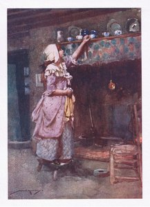 Medan trasiga tekoppar, klokt förvarade för show, sträckte sig utanför skorstenen, glittrade på rad (färg litho) av William Lee Hankey