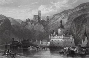 Caub, Gutenfels slott, och Pfalz, Rhen (gravyr)