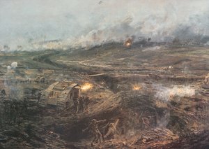 "Dawn, 20th November 1917" - Brittiska stridsvagnar rullar in i Cambrai, Frankrike av William Lionel (after) Wyllie