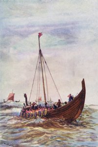 Krigsskepp från kung Alfreds tid (färg litho) av William Lionel (after) Wyllie