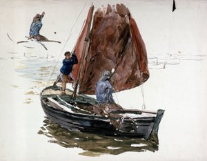 En man och en pojke ombord på en liten segelbåt. Akvarell av William Lionel Wyllie