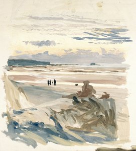 Personer på stranden, troligen i Amble (Frankrike), med silhuetten av Fort Vauban i skymningsljuset av William Lionel Wyllie