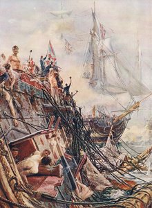 Crippled but Unconquered: Belleisle at Trafalgar on 21st October 1805, illustration från "British Battles on Land and Sea", utgiven av Cassell, London, ca 1910.